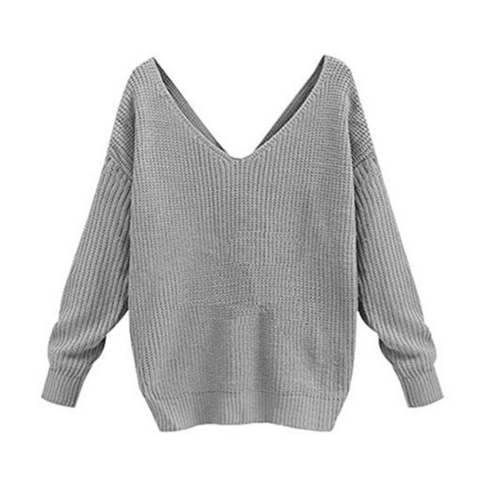๐ฅ Twisted Open Knot Back Knit V Neck Sweater Grey - Picture 2 of 4